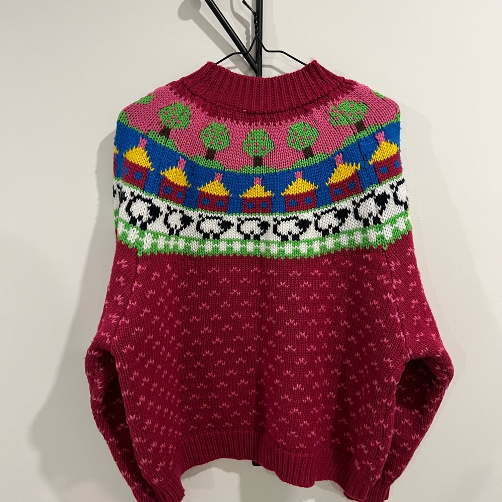 Vintage Fair Isle Women's Crew Neck Sweater with Trees and Sheep Pink Colourful - Picture 4 of 5